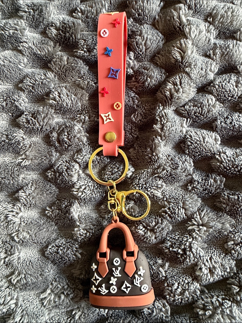 Look alike LV Logo-Accent silicone Keychain Wristlet with Bag Charm